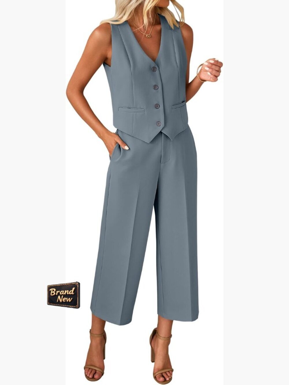 Sleeveless Blazer Vest & Wide Leg Capri Pants 2 Piece Set Dressy Casual Work